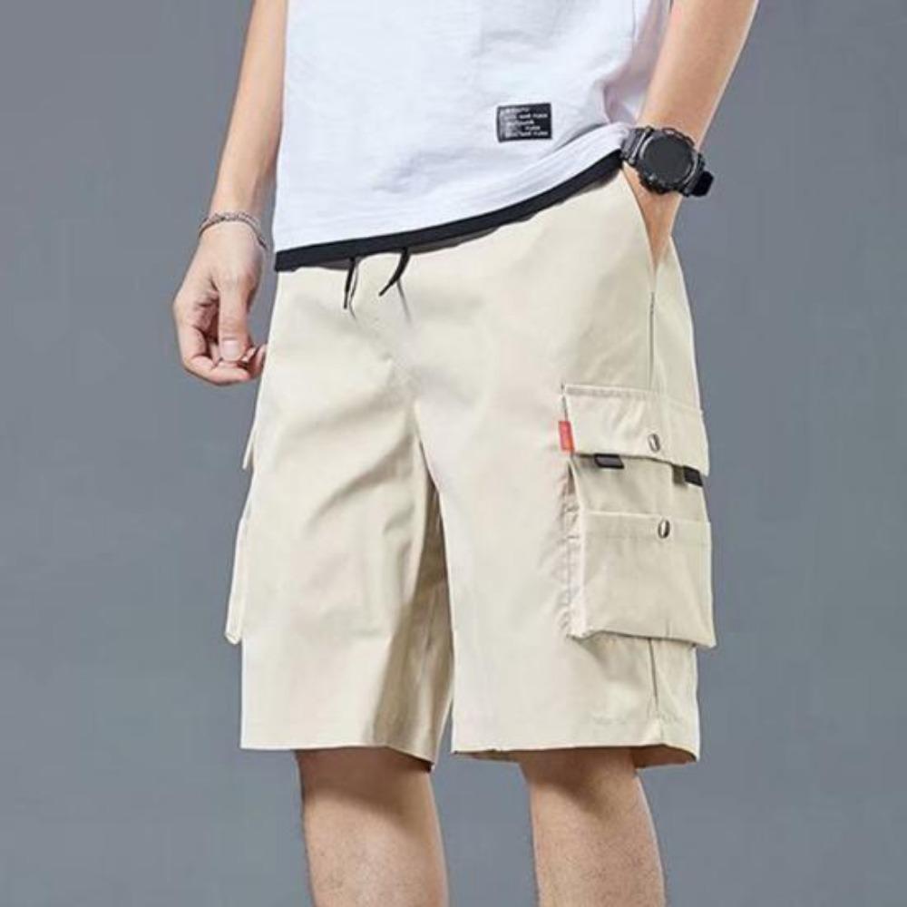 Summer Men Elastic Waistband Drawstring Shorts Multi Pockets Solid Color Straight Wide Leg Mid-rise Sport Cargo Shorts Streetwear