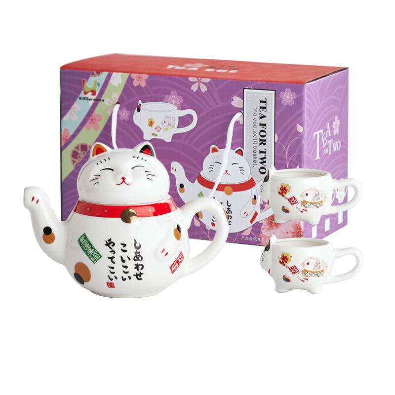 

Cute Cat Teaware Series Sets Lucky Cat Tea Pot With 2 Tea Cups Sets Jingdezhen Porcelain Fortune Cat Tea Service Three-piece Set красный