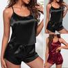 2 Pcs/Set Women Summer Pajama Set Backless Sleeveless Satin Spaghetii Strap Off Shoulder Round Neck Vest Elastic Waist Shorts Set