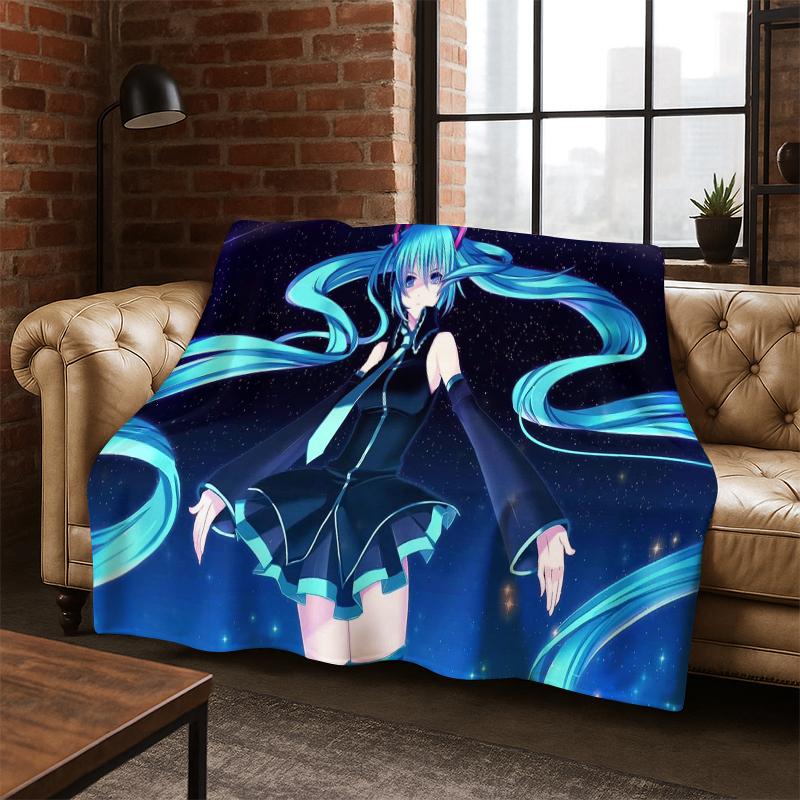 Cartoon M-MIKU Music Girl Flannel Blanket Soft Warm Blanket Throw Blanket for Bedroom Living Room Bed Travel Picnic Gift Kid