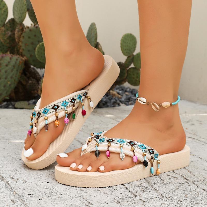 

Модные летние шлепанцы с цветочным принтом, женская мода, круглый носок, бисерная отделка, мягкая подошва, легкие, нескользящие, большой размер, пляжная обувь 45