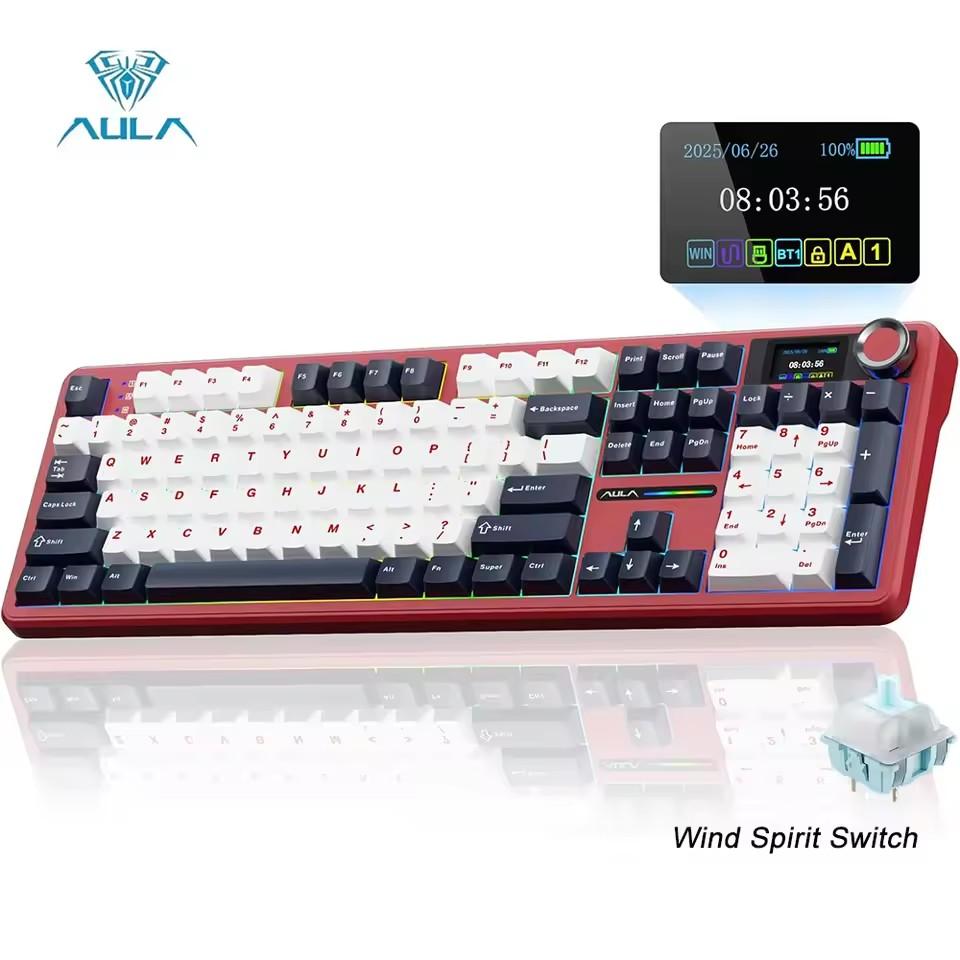 Aula F108 PRO Wireless Mechanical Keyboard with Screen Knob Full Size 8000mAh Battery RGB Backlit Hot Swappable Gaming Keyboard
