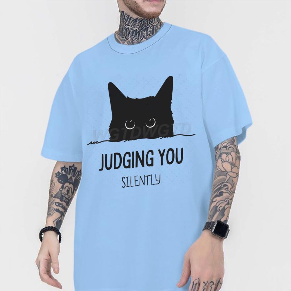 Judging You Silently Print T Shirt Men Women Sarcastic Humor Streetwear Short Sleeve Harajuku Cat Tee Male 100 Cotton Fun Shirt