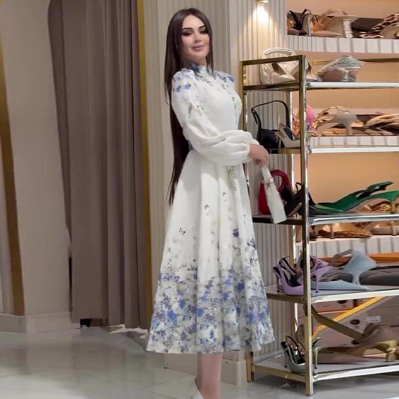 2024 Elegant Autumn European & American Style Long-Sleeved Fashion Print Dress for Women