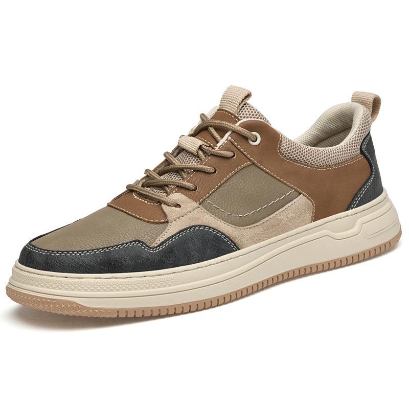 2032 Men's Handmade Flat Sole Cowhide Fashion Sneakers - Low-Top, Color Block, Large Size, Casual Spring/Autumn Trend