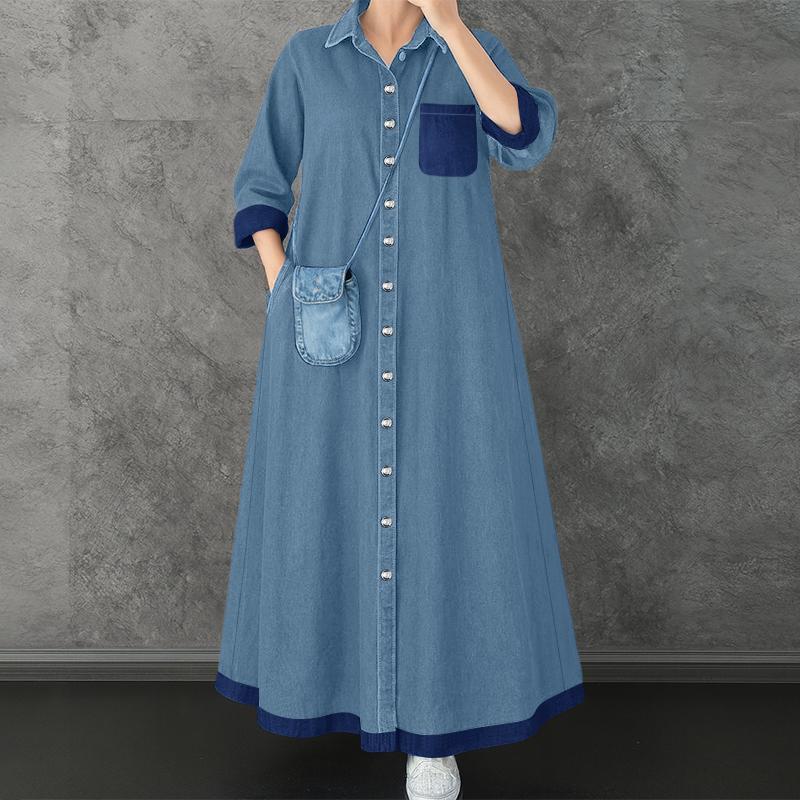 ZANZEA Dámské ležérní šaty s límečkem s volným dlouhým rukávem