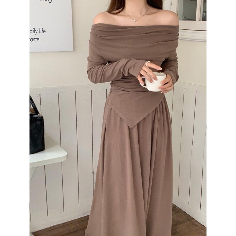Women's Autumn Two-Piece Set: Irregular Off-Shoulder Long-Sleeve Top & High-Waisted Midi Skirt