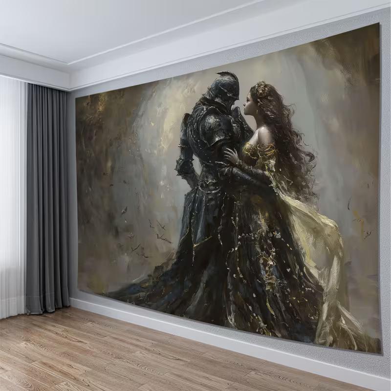 2D Medieval Romantic Tapestry, Dark Knight & Princess Wall Art for Home Decor