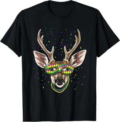 Deer Mardi Gras Mask Graphic Tee Breathable Cotton T-Shirt Carnival Party Apparel