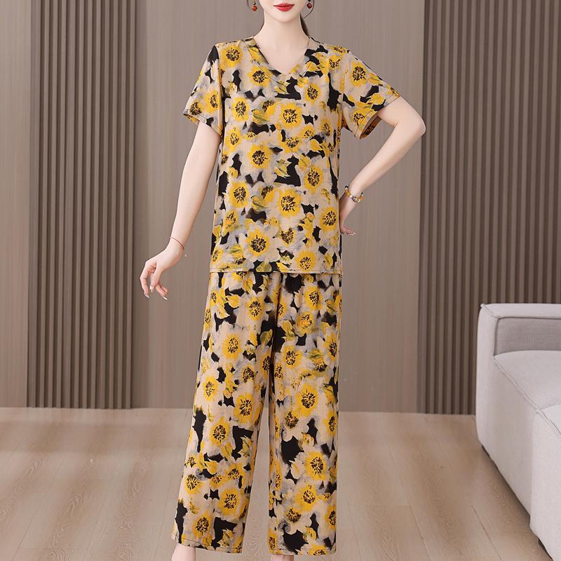 Summer Women's Two Pieces Set Plus Size Elegant Cotton Linen Wide Leg Pant Sets Casual Ladies Clothes