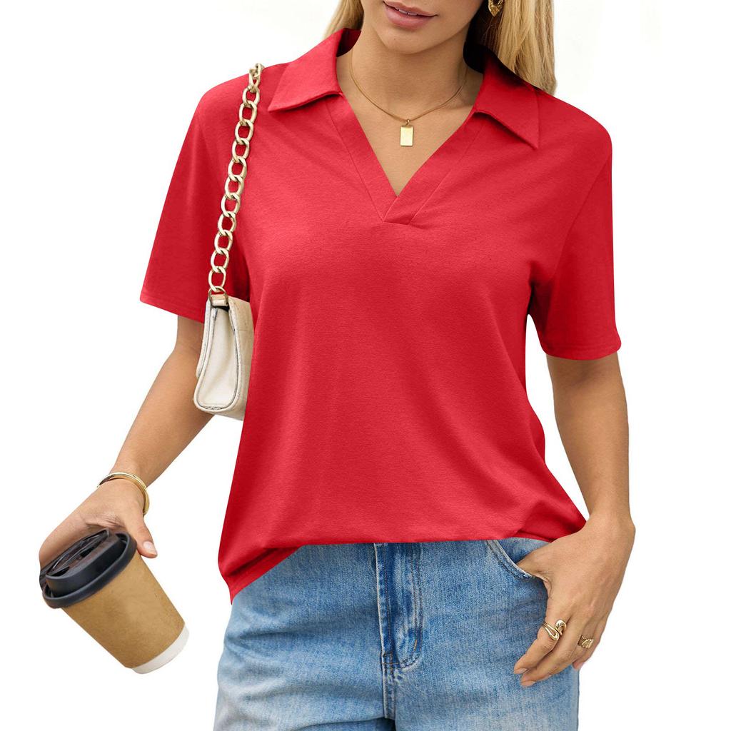 Women's Fashion Casual Lapel Short Sleeve Solid Color Shirt Women's Up Tops