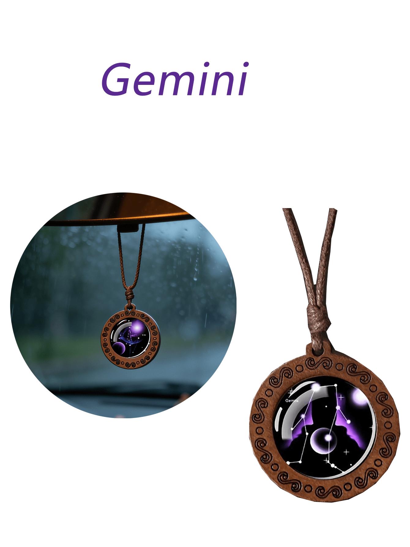 

Personalized and stylish car rearview mirror with starry sky and universe design, featuring a retro wooden design and 12 zodiac