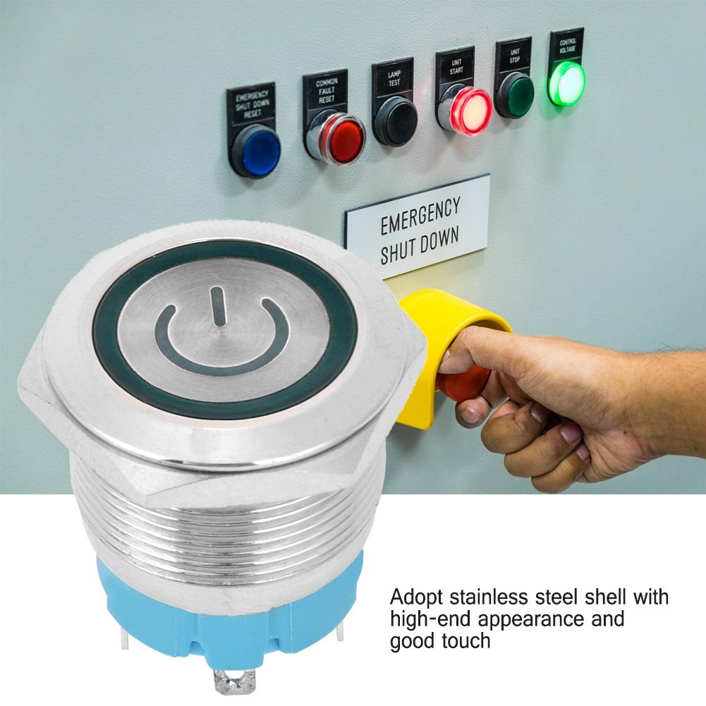 2 Stück 22mm Metall Drucktaster Flacher Kopf Momentan 4 Pin mit Power Lichtzeichen IP65 12 24VDCGrün