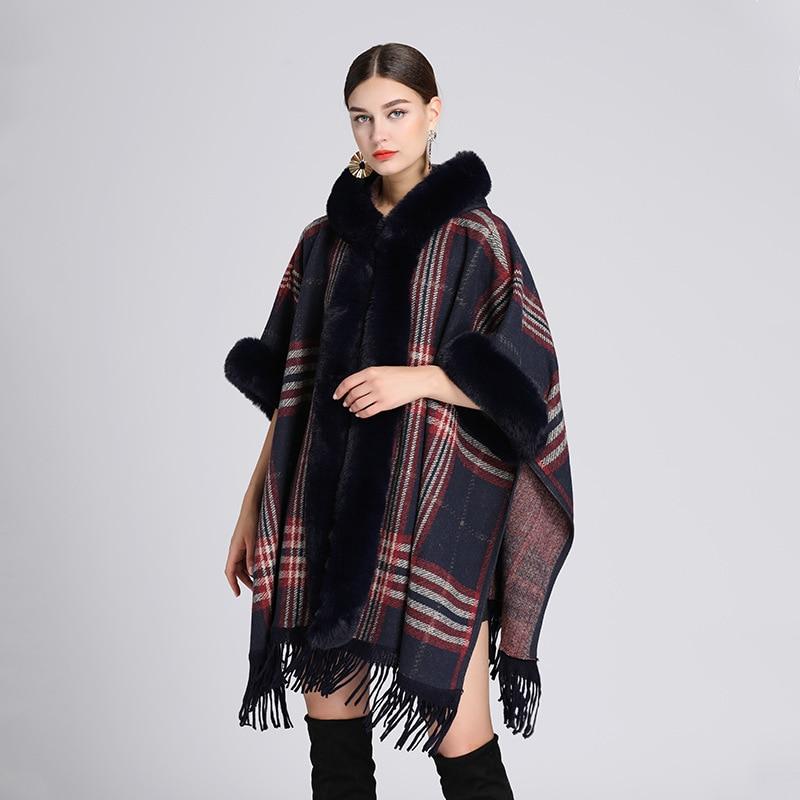 6 Farben Damen Streetwear Großer Kunstfellkragen Langer Cardigan Umhang Winter Warm Dick Fledermausärmel Gestreift Locker Mantel mit Kapuze