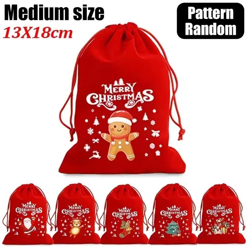 Christmas Red Green Velvet Drawstring Bags Bulk Candy Biscuit Pouch for Party Favors, Gift Giving & Holiday Decoration Supplies