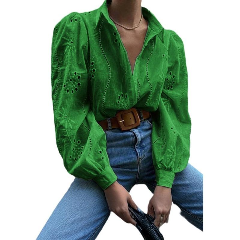 Elegant Loose Fashion Lace Women Shirt Casual Hollow Out Puff Long Sleeve Top Single-breasted Office Blouse Solid Sweet Simple Lapel Women's Clothing