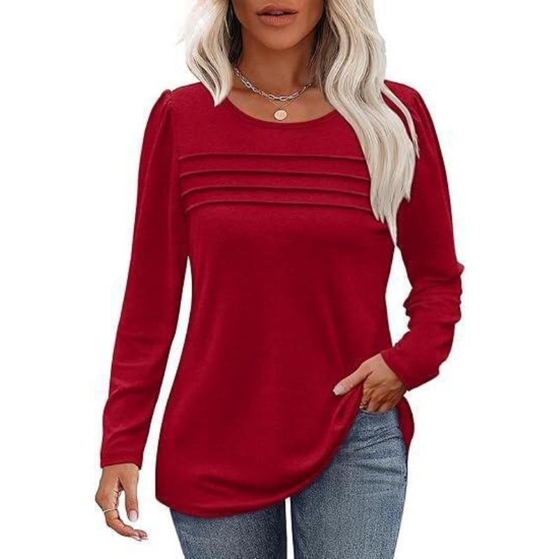 Women's Spring and Autumn Solid Color Loose Round Neck Pleated Long Sleeve Top