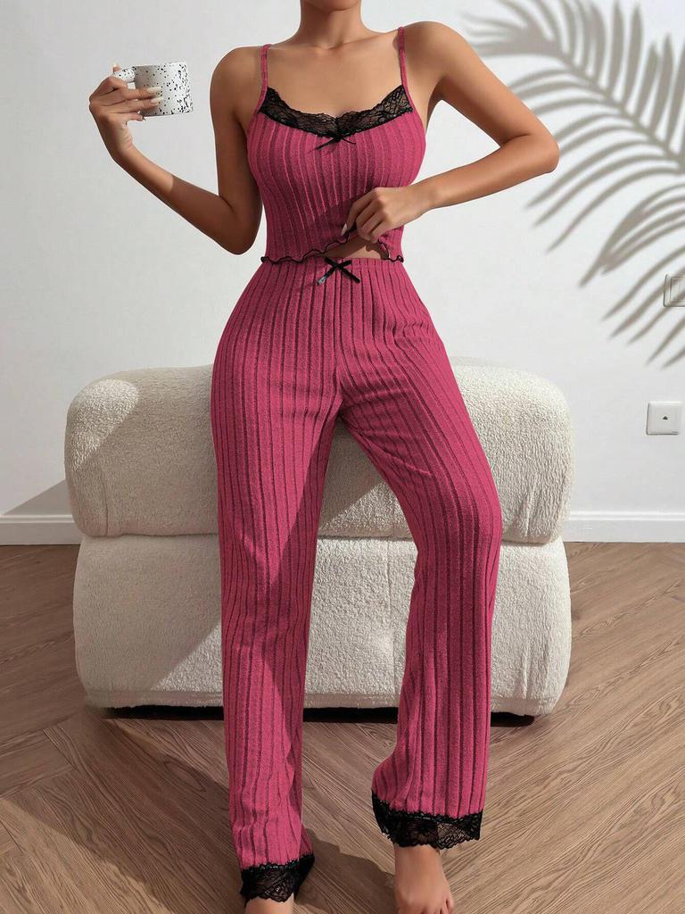 Cross-Border Hot-Selling Women's Rib Knit Heart Camisole Pajamas Set - Wearable Outdoors with Long Pants