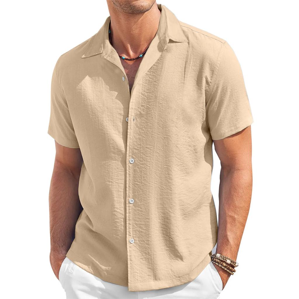 Men's Fashion Collar Solid Color Short Sleeved Cotton Linen Shirt Button Casual Shirt Top