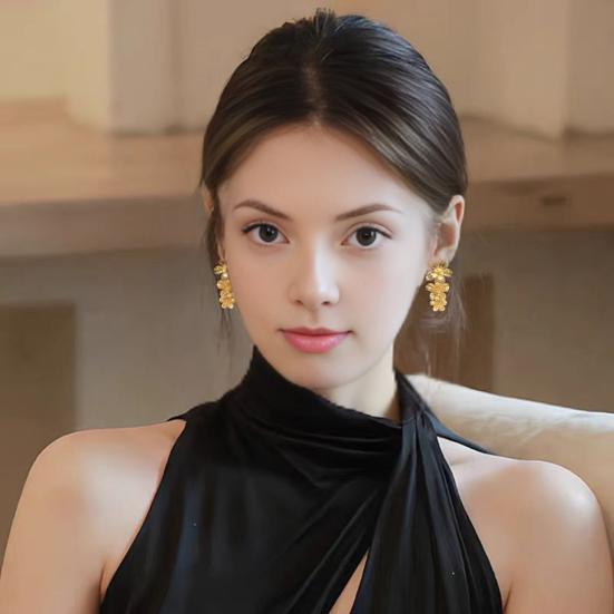 1 Pair Women Drop Earrings Geometric Design Flower Shape Stud Earrings Retro Style Shiny Texture Earrings