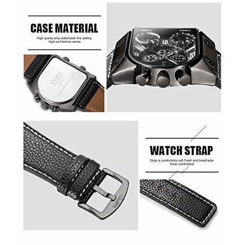 Men's Leather Band Analog Watch, Square Face, Leather Strap, Made In Japan, Black