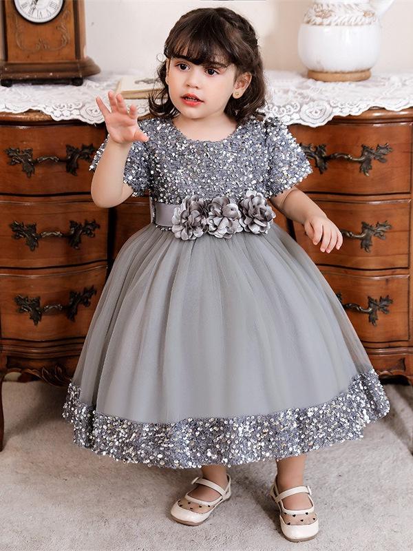 Mädchen Kurzarm Pailletten Puffrock Prinzessinnenkleid - Kinder Festkleidung