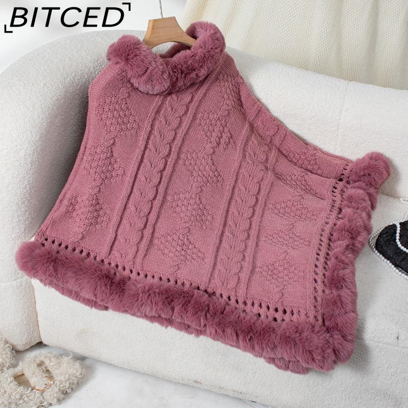 BITCED Oversized Fall/Winter Warm Faux Rabbit Fur Collar Cape Chunky Cable Knit Sweater Jacket