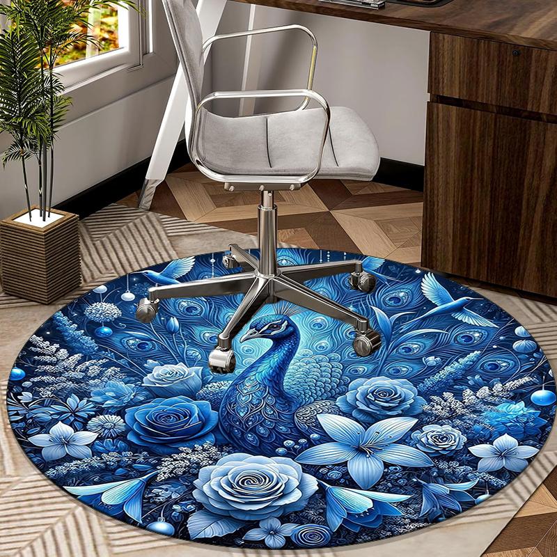 Blue Peacock Floral Art Round Carpet Chair Cushion Round Entryway Rug, Soft Round Rugs for Living Room, Bedroom, Circle Carpet Decor Gifts