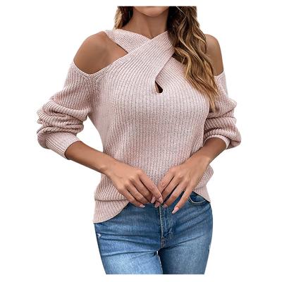 (SU)Women's Autumn And Winter Solid Color Cross Halter Leaky Shoulder  Sleeve Knitted Sweater