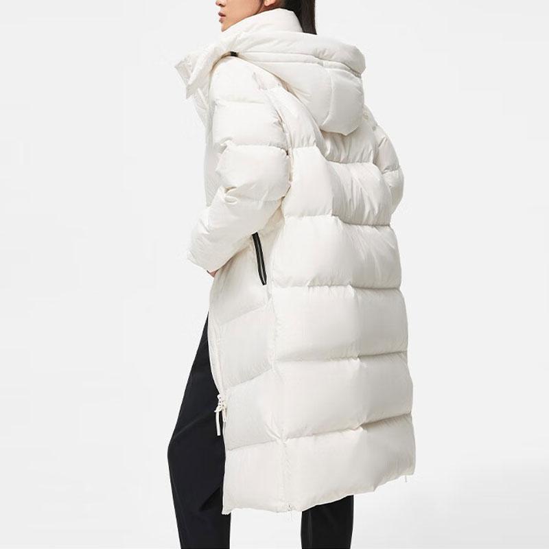 Li Ning Fitness Series Solid Color Long Hooded Windproof Water-Repellent Down Jacket Women Outerwear Champagne-White AYMT100-1