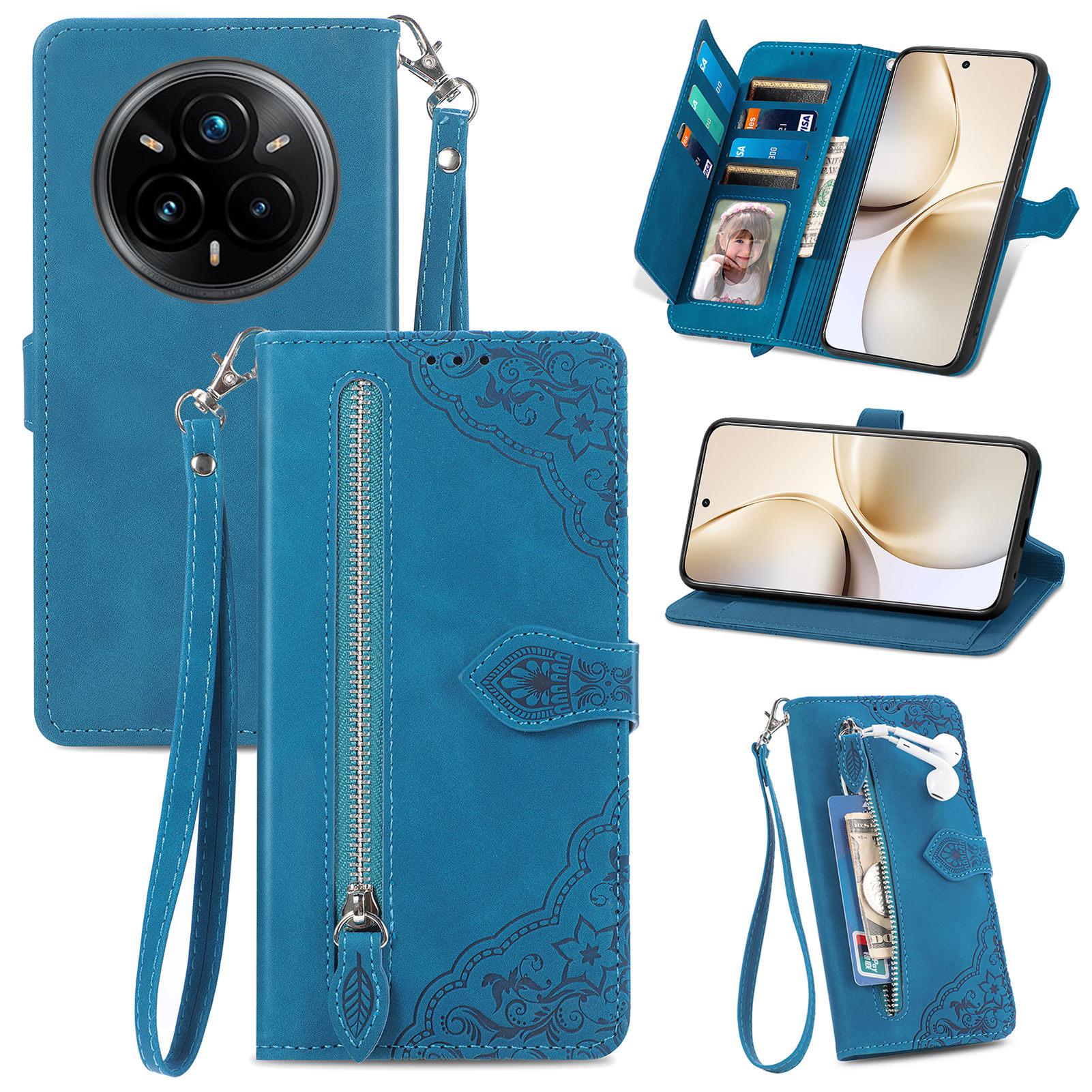 

For Realme 14 Pro 5G Zipper Wallet Case with Strap Flower Imprint PU Leather Phone Cover B