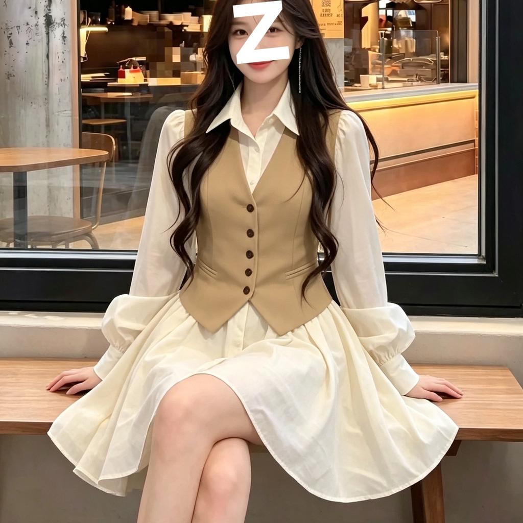 Fake Two-piece Vest Shirt Skirt Woman Autumn Waist Thin Lantern Sleeves Big Swing Short Skirt College Style Commuter Small Man