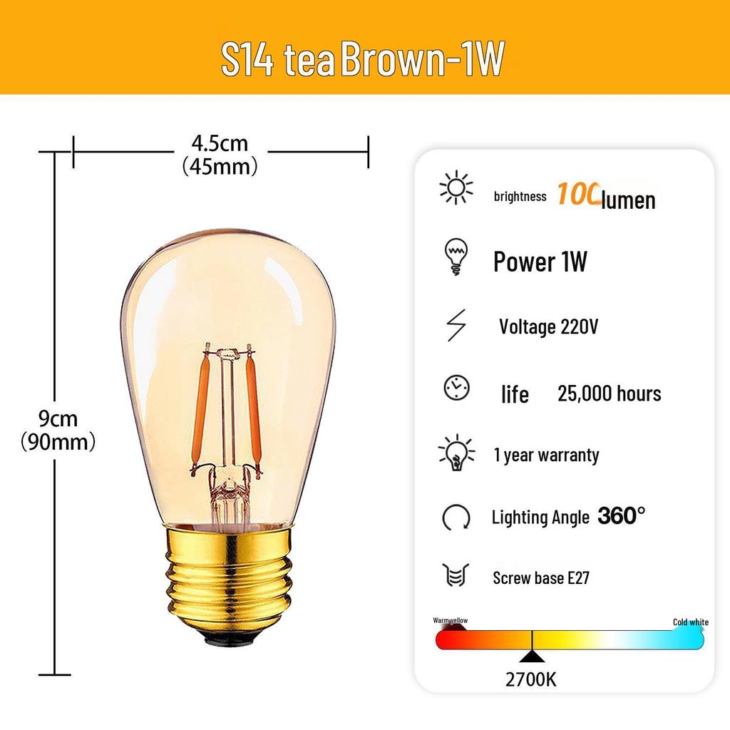 S14 Waterproof LED Edison Filament Bulb, 2700K Warm Light, E27, Energy-Saving ST45 Spare for String Lights