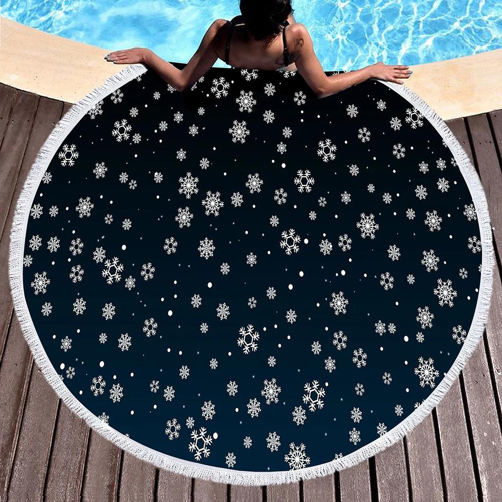 Snowflakes Round Beach Towel Christmas Decor Beach Blanket Soft Microfiber Winter Themed Towel For Boys Girls Teen New Year Gift