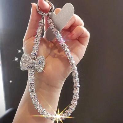 Short Diamond Studded Bow Mobile Phone Lanyard Wristband Shiny Lanyard IPhone 16 Case Key Universal Rope Bag Body KitJewelry