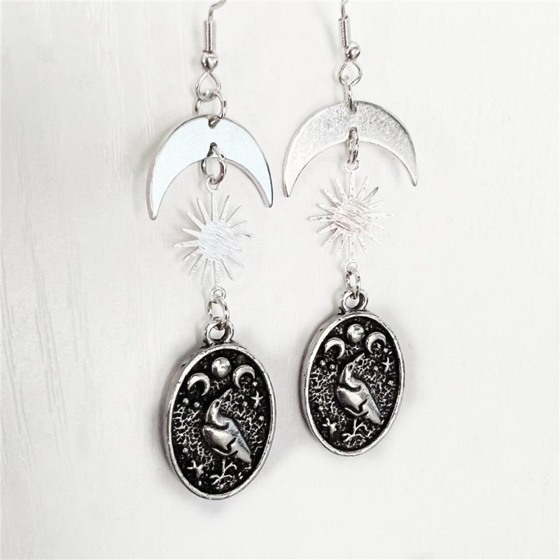 Sun Moon Bird Totem Metal Round Plate Earrings, Women's Fashion Jewelry
