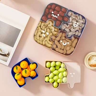 Puzzle-Shaped Modular Snack Tray with Lids Detachable Fruit Nut Candy Organizer Dustproof Stackable Versatile Serving Platter for Coffee Table