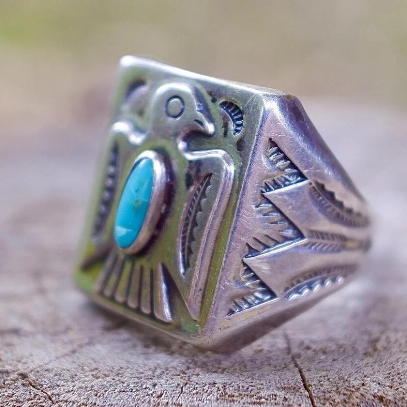 New Retro Bird Pattern Ring, Fashion Trend Personalized Turquoise Square Jewelry 6