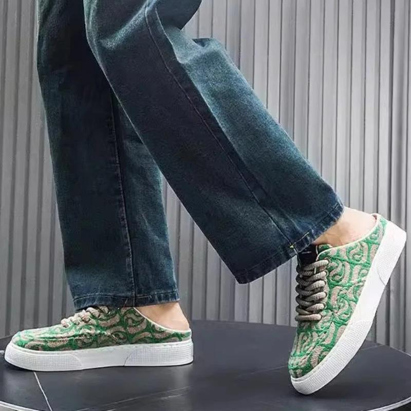 Fashion Summer Men Sandals Retro Print Canvas Shoes Indoor Men's Casual Home Mules Outdoor Flat Baotou Half Slippers Chef Shoes