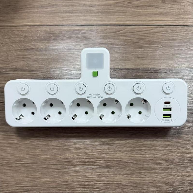 

Євровилка Подовжувач Розетки змінного струму Порти USB Type-C Дві специфікації Незалежний вимикач з маленьким нічним світлом 【B】Jack*5+USB*2+TypeC*1 білий