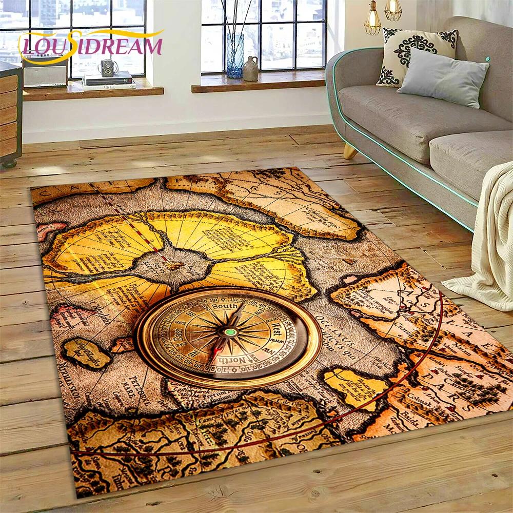 3D Ancient Nautical Chart World Map Compass Carpet Rug for Bedroom Living Room Sofa Decoration,Child Game Large Decor Floor Mat