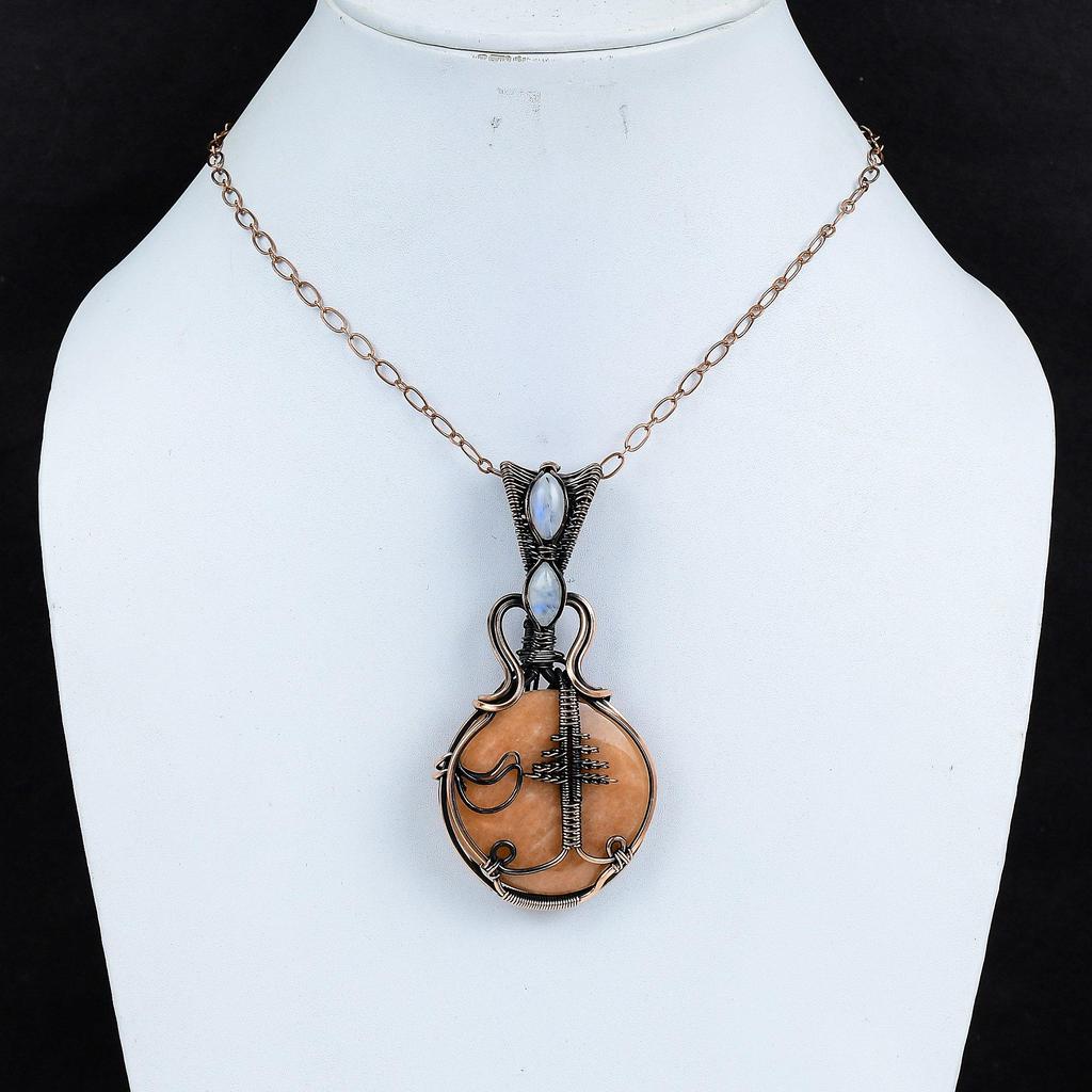 Orange Amazonite Pendant, Handmade Gemstone 999 Copper Wire Wrapped Pendant Antique Jewelry, For Gift Silver Jewelry