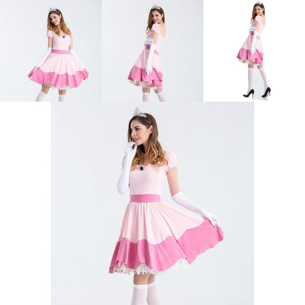 Elegant Super Mario Pink Princess Peach Costume Dress With Crown And Gloves Set
