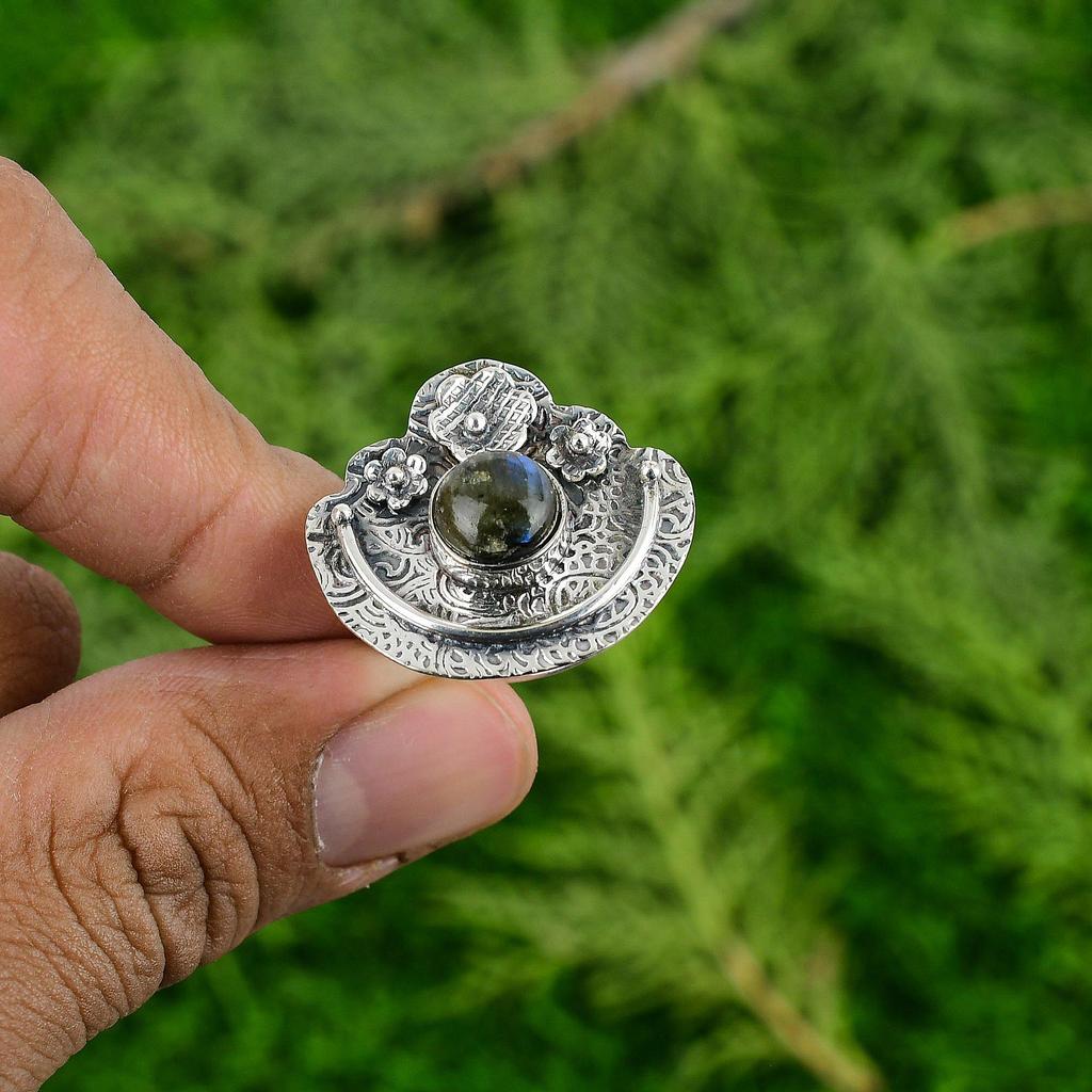 925 Sterling Silver Labradorite Gemstone Sister Promise Flower Statement Ring