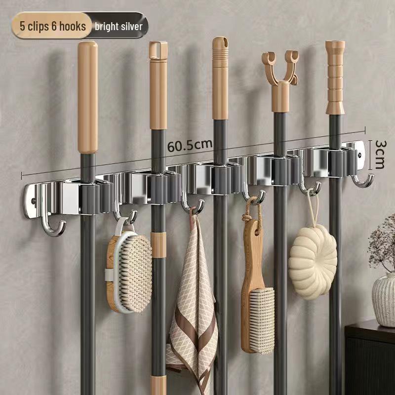 Stainless Steel No-Drill Mop & Broom Wall Mount Hanger