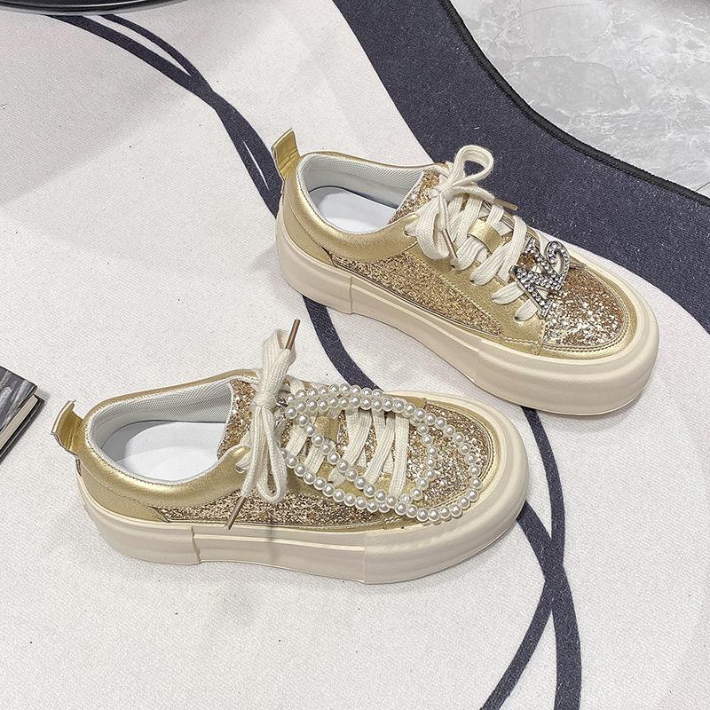Platform-soled Fashion Board Shoes Women's 2025 New Spring and Autumn Models Versatile Rhinestone Silver Sports and Leisure Shoes Trend