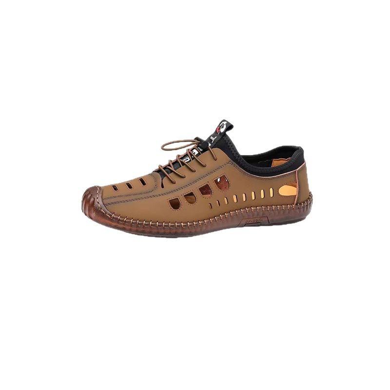 Sandals men's summer new beef tendon sole online casual hollow breathable leather shoes non-slip soft sole one generation