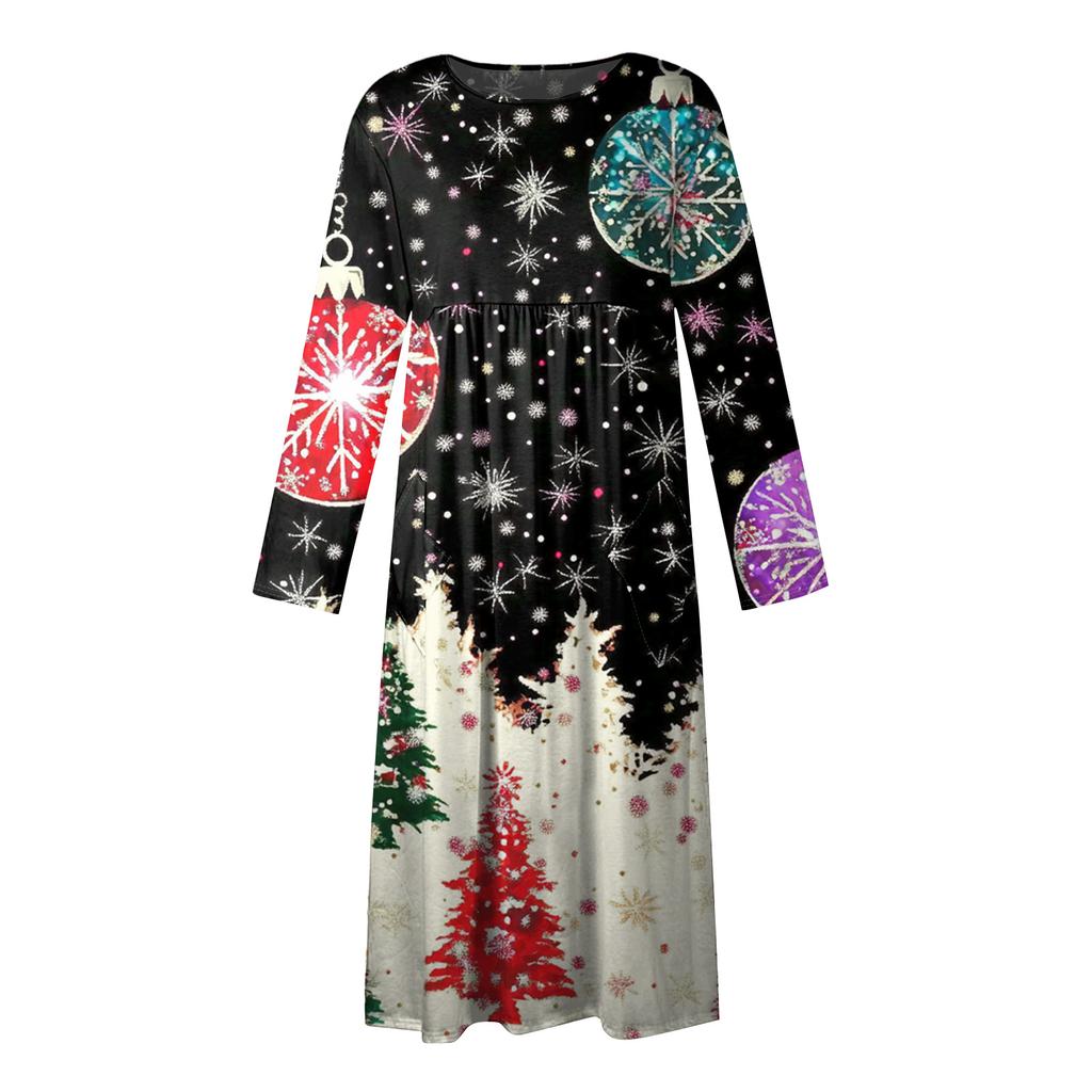 Women's Casual Crew-neck Christmas Print Mid-length Dress Long-sleeved Dress With Pocket