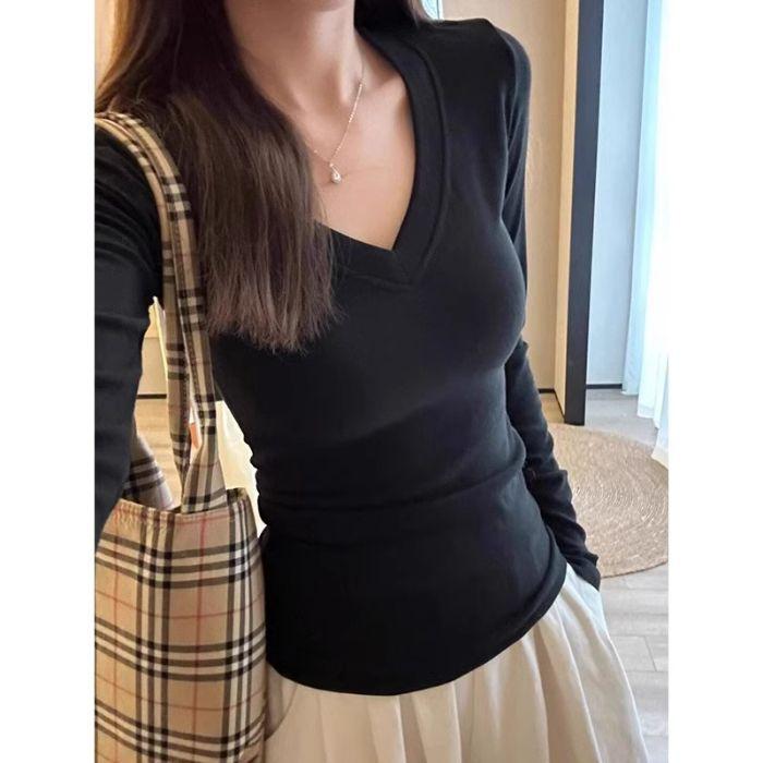 Hong Kong-style retro solid color V-neck front shoulder long-sleeved T-shirt for women's spring, autumn and winter new slim-fitting