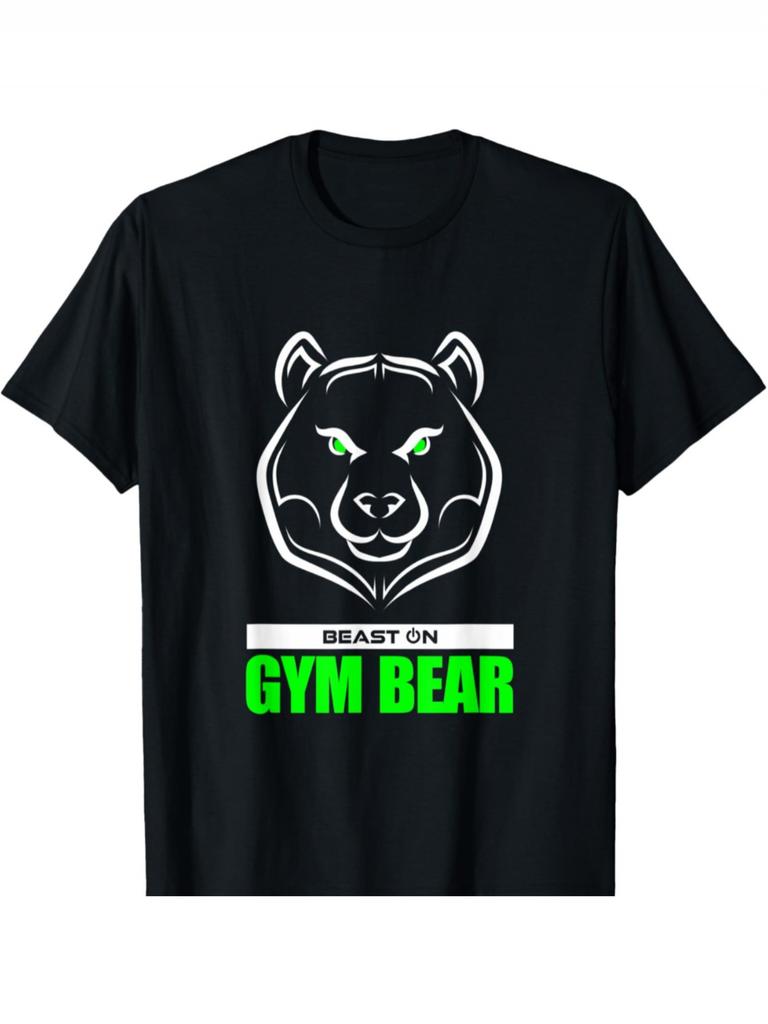 Men's Fitness Training Bear Head T-Shirt - Gym Workout Tee with Bear Graphic, Breathable Round Neck
